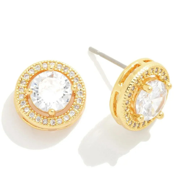 NEW Circular Stud Earrings Featuring Round Stone With Pave Accent - Picture 1 of 2